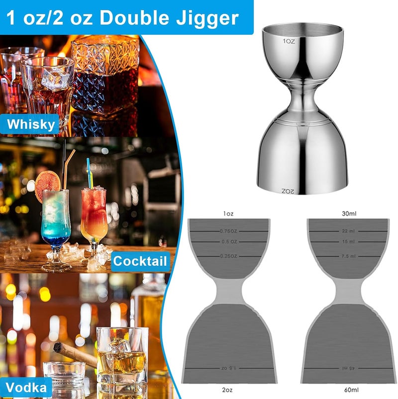 NMW earthmone Cocktail Jigger For Bartending,1oz And 2oz Silver Stainless Steel Double Jigger,Bar Jigger With 0.25 oz,0.5 oz,0.75 oz and 1.5 oz Inside Measuring Marks,Cocktail Measuring Jigger With Cocktail Spoon - Image 2
